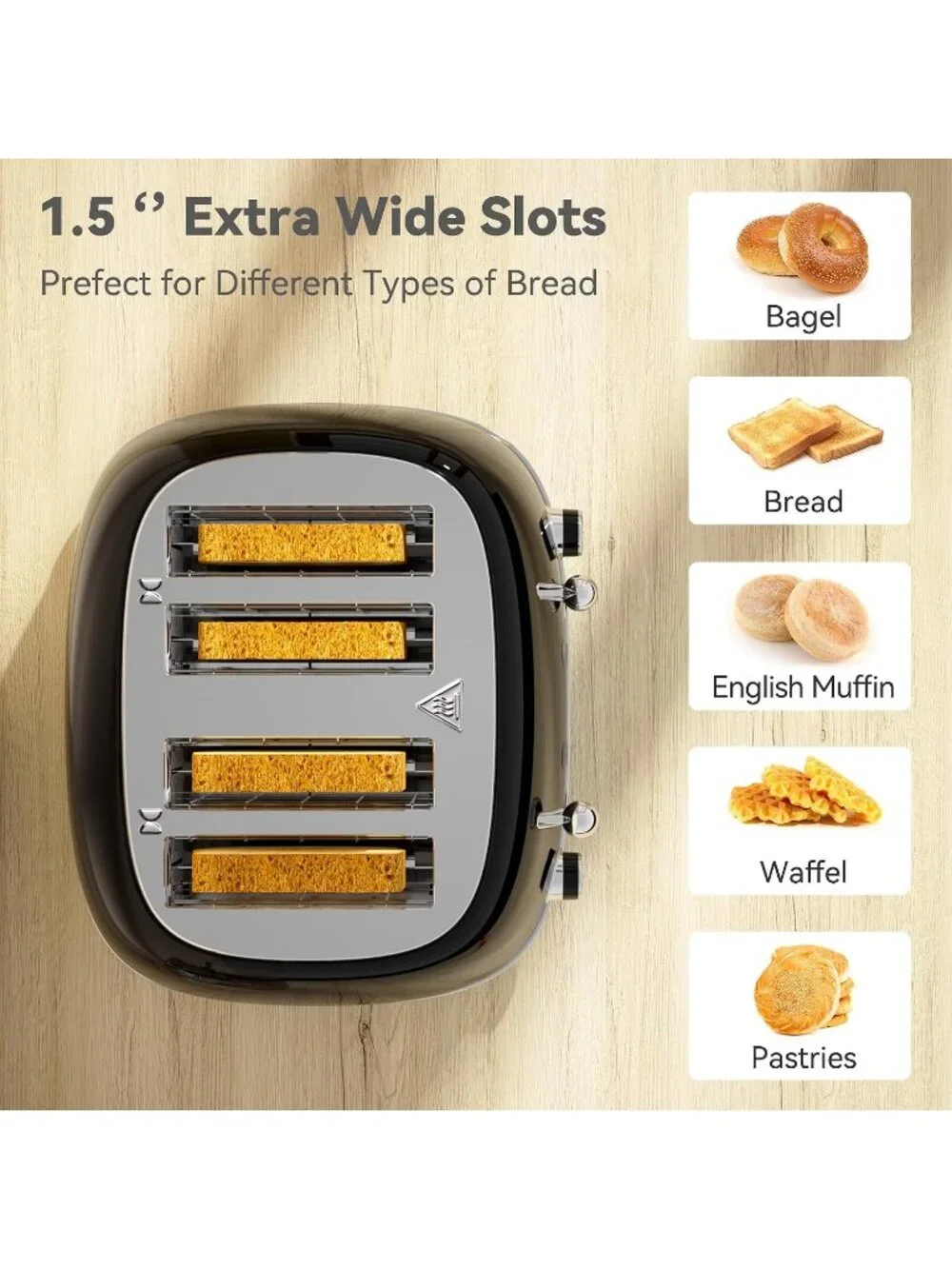 4 Slice Black Retro Stainless with 6 Bread Shade Settings 1.5''Wide Toaster